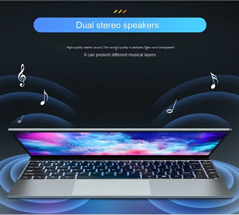 Sleek silver 14-inch laptop with a vibrant display and integrated dual stereo speakers for clear audio.