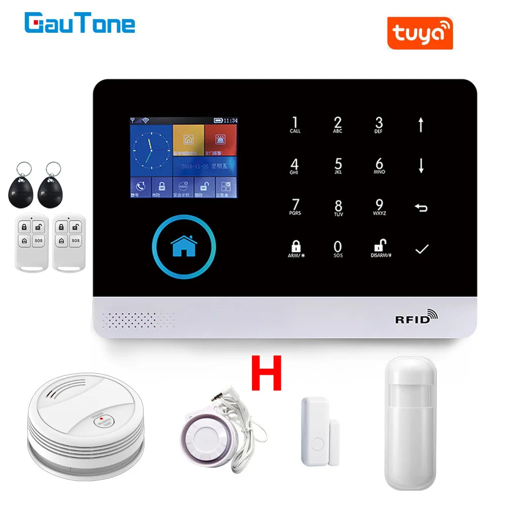 Smart WiFi GSM home alarm system with black and white touchscreen console, key fobs, motion sensor, and alarm siren.