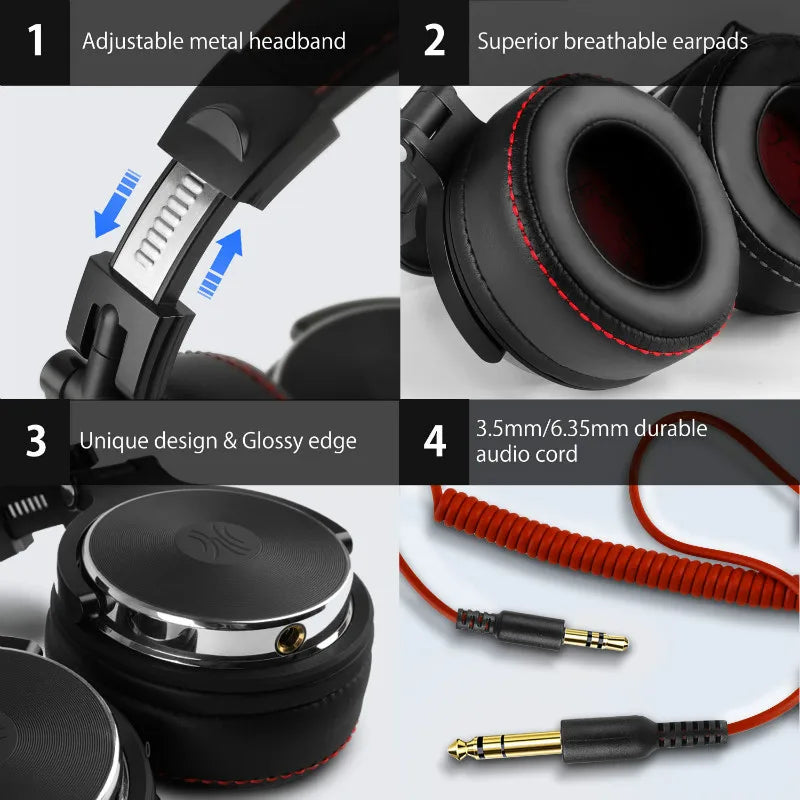 Black studio headphones feature an adjustable metal headband, breathable ear cushions, glossy detail and a coiled cable.