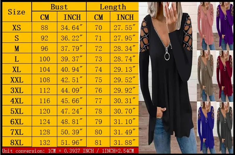 Long-sleeve V-neck tunic with zip front and lattice cut-out shoulders, shown in various colours with a size chart.