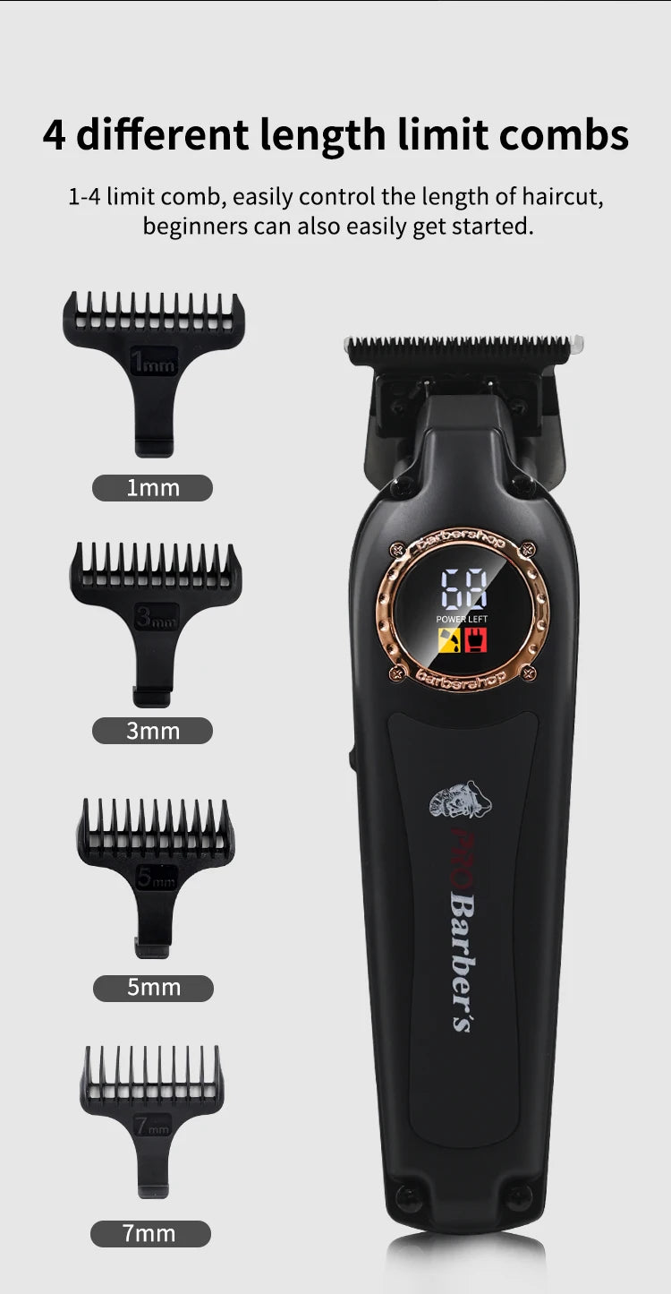 Black professional hair trimmer with an LED battery display and four attachment combs in 1mm, 3mm, 5mm and 7mm sizes.