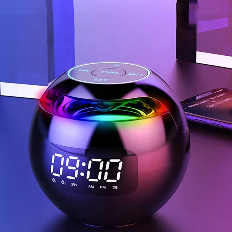 A black, spherical Bluetooth speaker with a digital clock display and vibrant, glowing colour-changing LED lights.