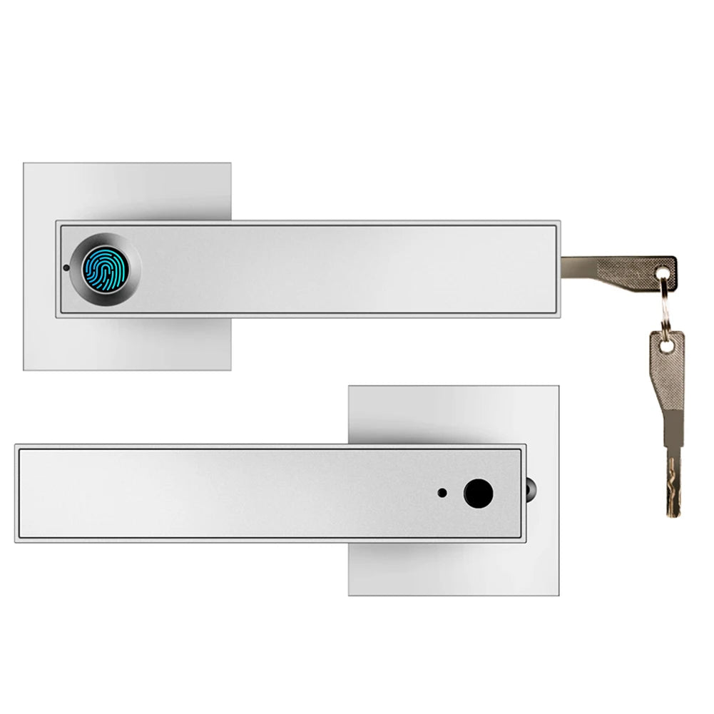 Silver metal smart door handle with integrated fingerprint scanner and physical key entry, shown from two angles.