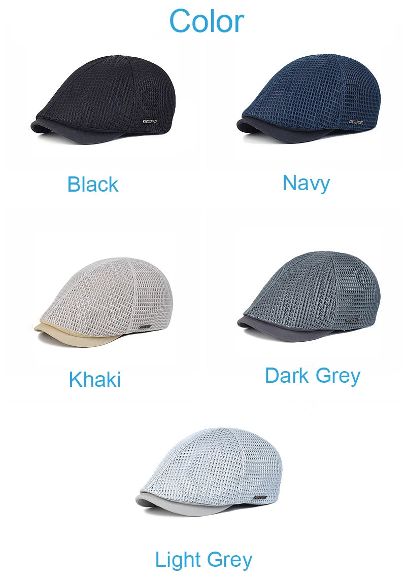 A selection of breathable mesh flat caps in black, navy, khaki, dark grey, and light grey.
