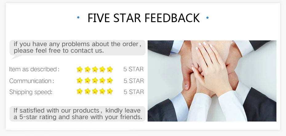 Five-star feedback graphic showing business professionals stacking hands and a template for customer review ratings.