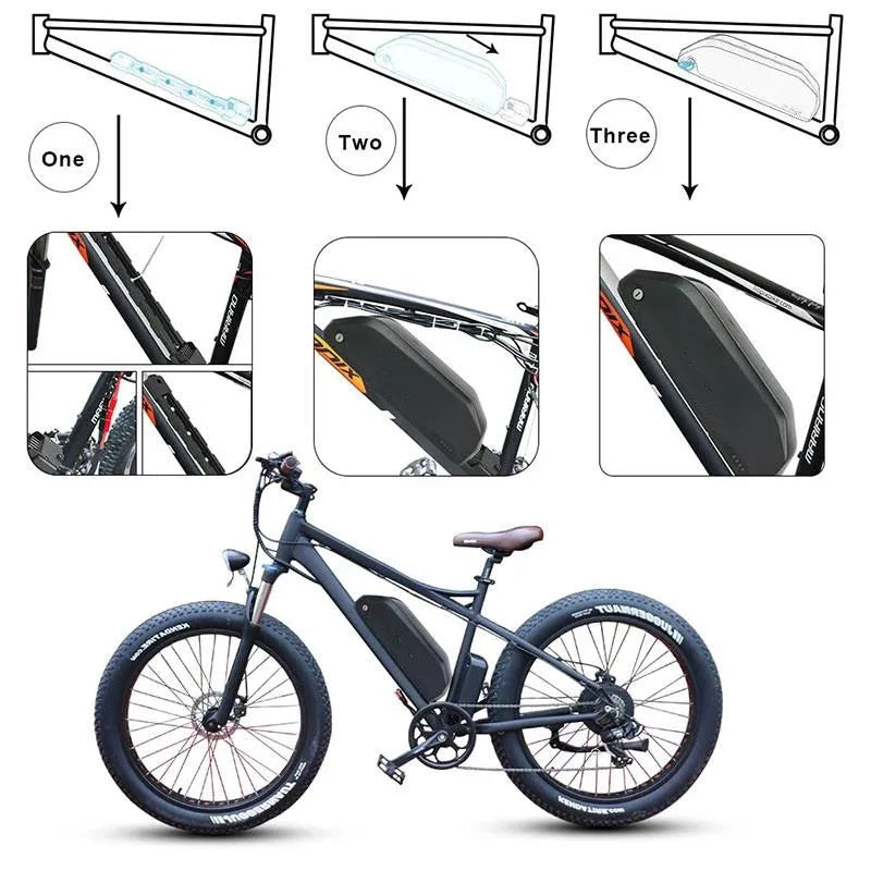 Instructional diagram showing a matte black electric bike battery being installed into a bicycle frame.