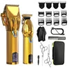 Gold rechargeable electric hair trimmer set with multiple guard combs, scissors, barber cape, and storage case.