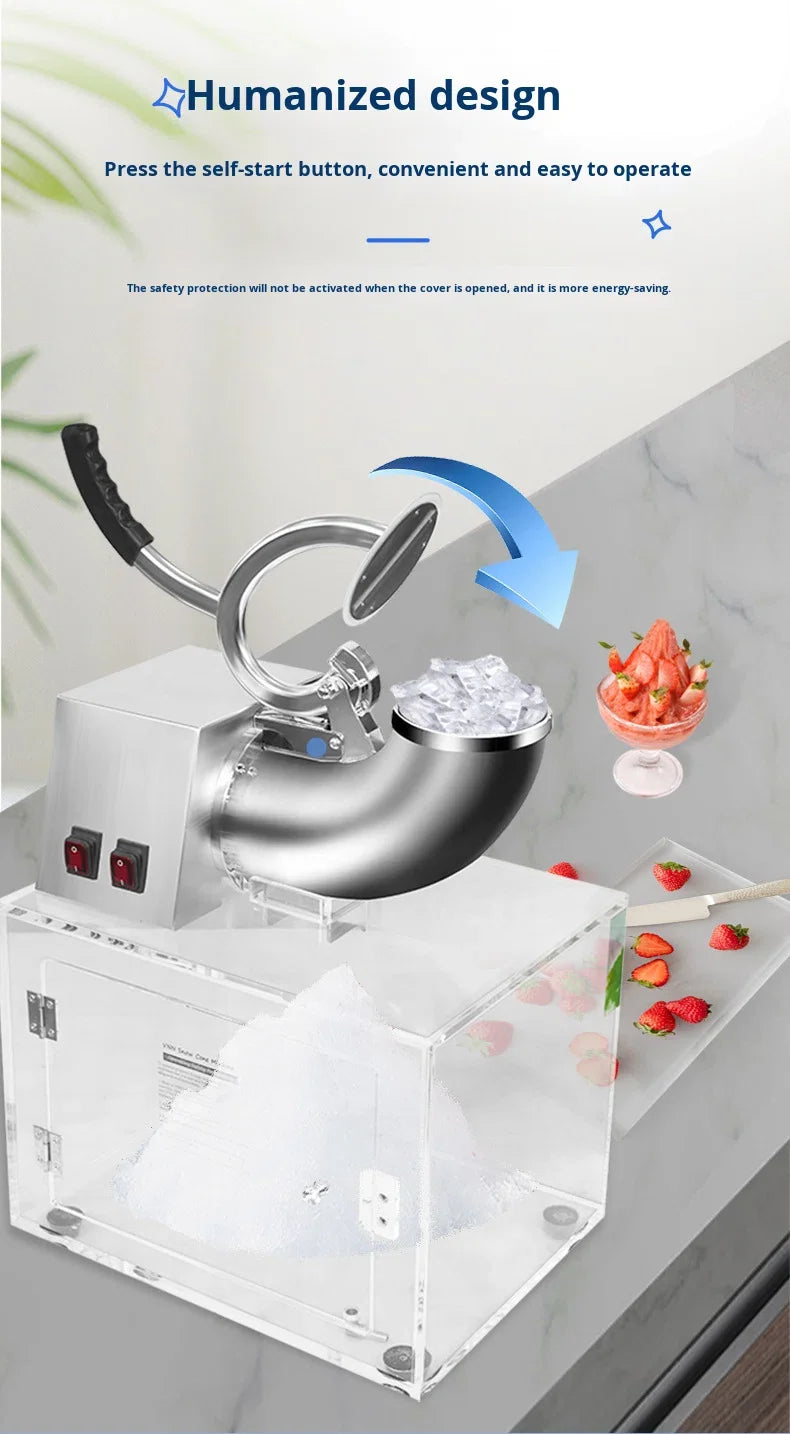 Stainless steel electric ice shaver with a clear acrylic base, lever handle, and two red power switches.