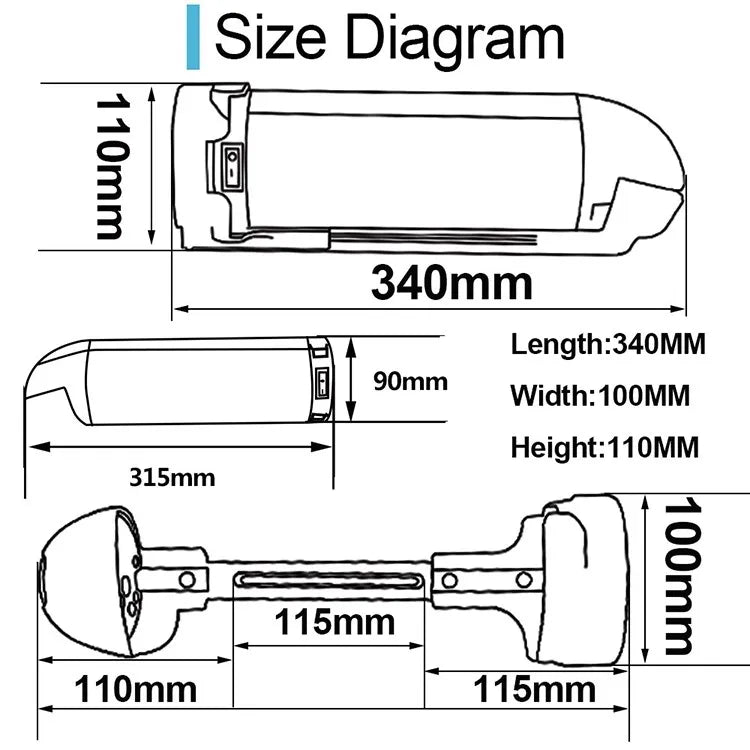 Line drawing size diagram of a rectangular, rounded-edge battery pack with specified dimensions in millimetres.