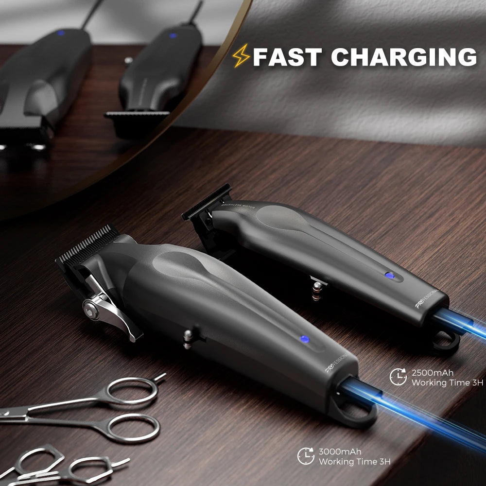 Two sleek, matte black cordless hair clippers with fast-charging lithium batteries on a wooden surface.