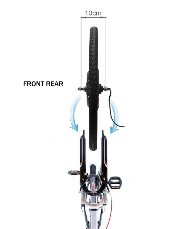 Electric bike conversion kit showing a black motor wheel being installed into a bicycle fork with a 10cm axle width.