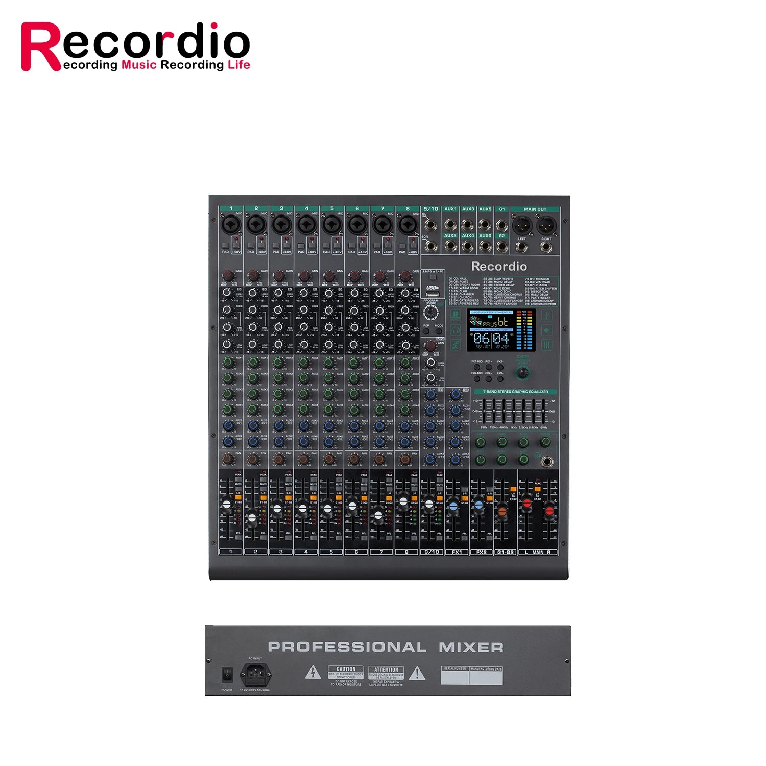 Dark grey 8-channel professional audio mixer featuring a digital display, numerous rotary knobs, and fader controls.
