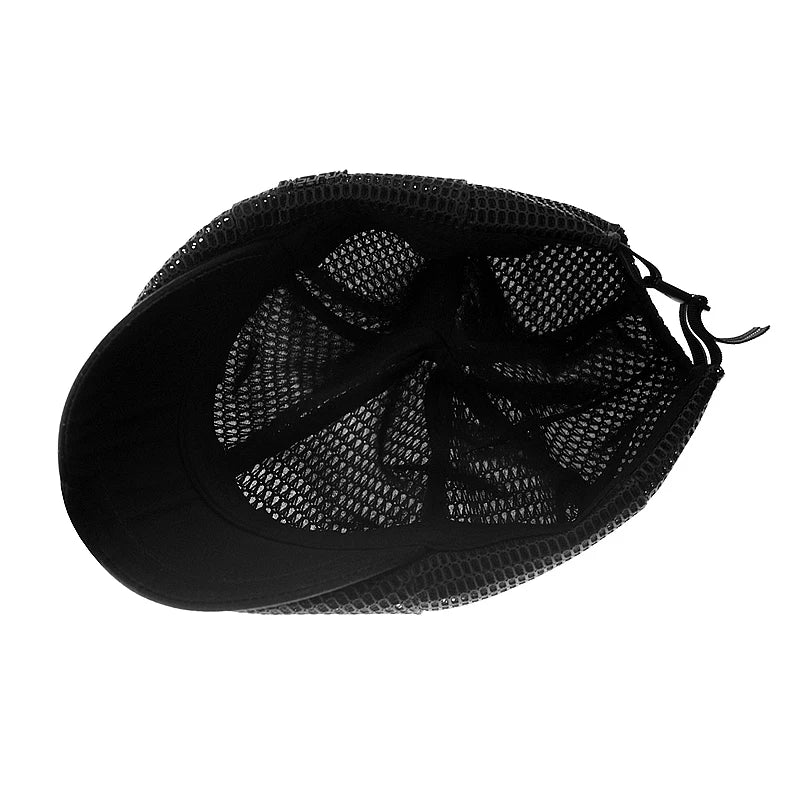 Black unisex flat cap featuring a lightweight, breathable mesh construction and an adjustable back strap.