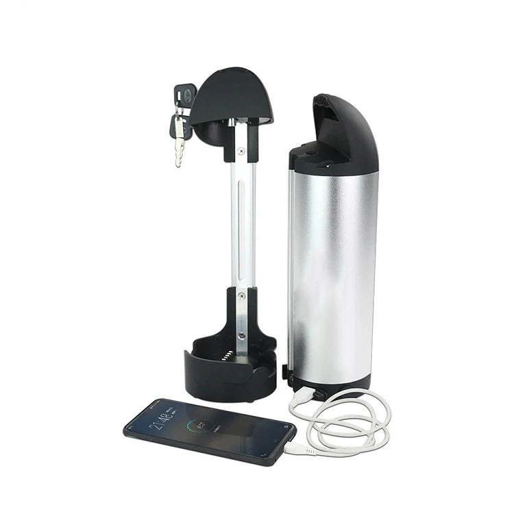 Silver e-bike battery with black housing and key lock, shown with a charging cable and smartphone.