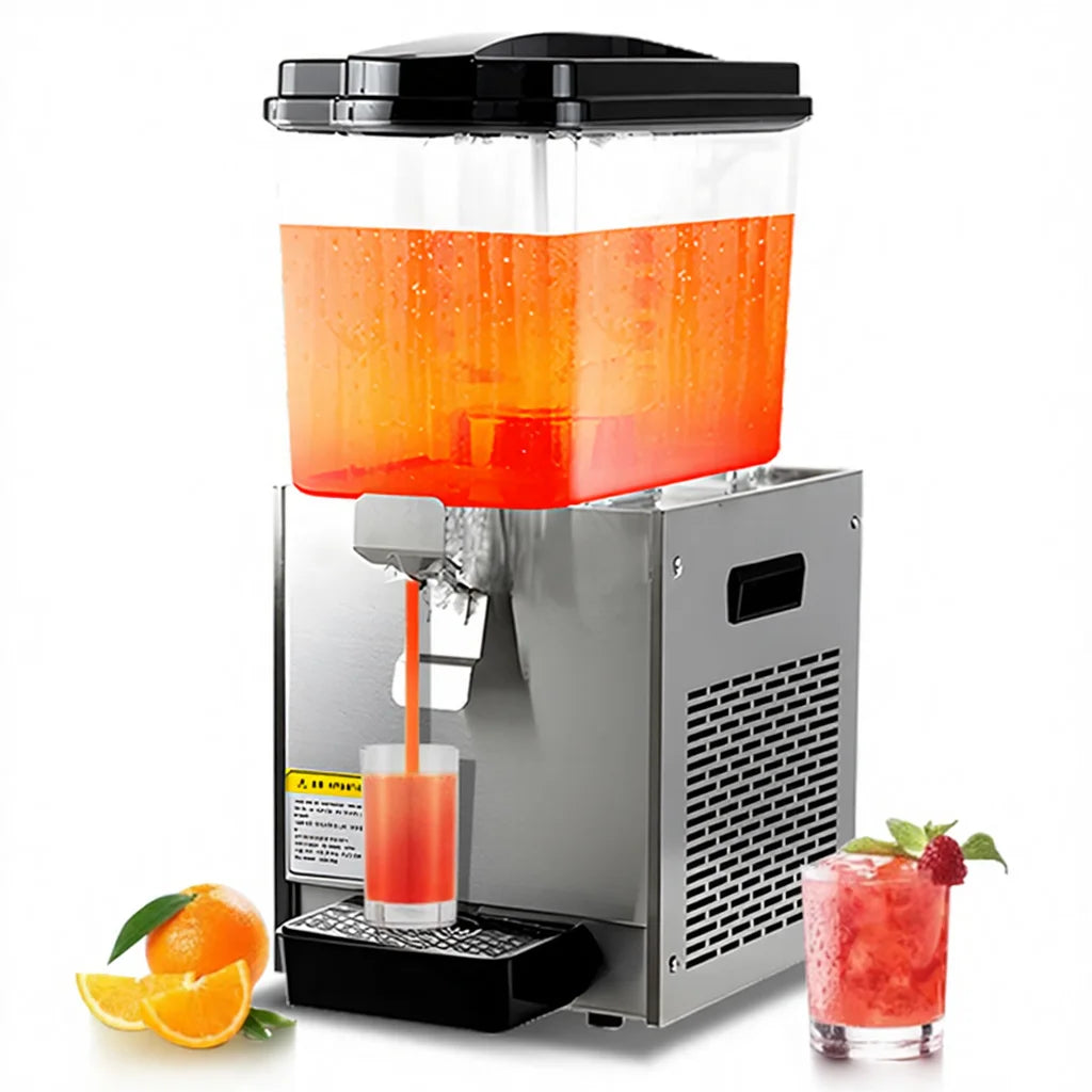 Commercial juice dispenser with stainless steel base and clear tank pouring orange drink into a glass.