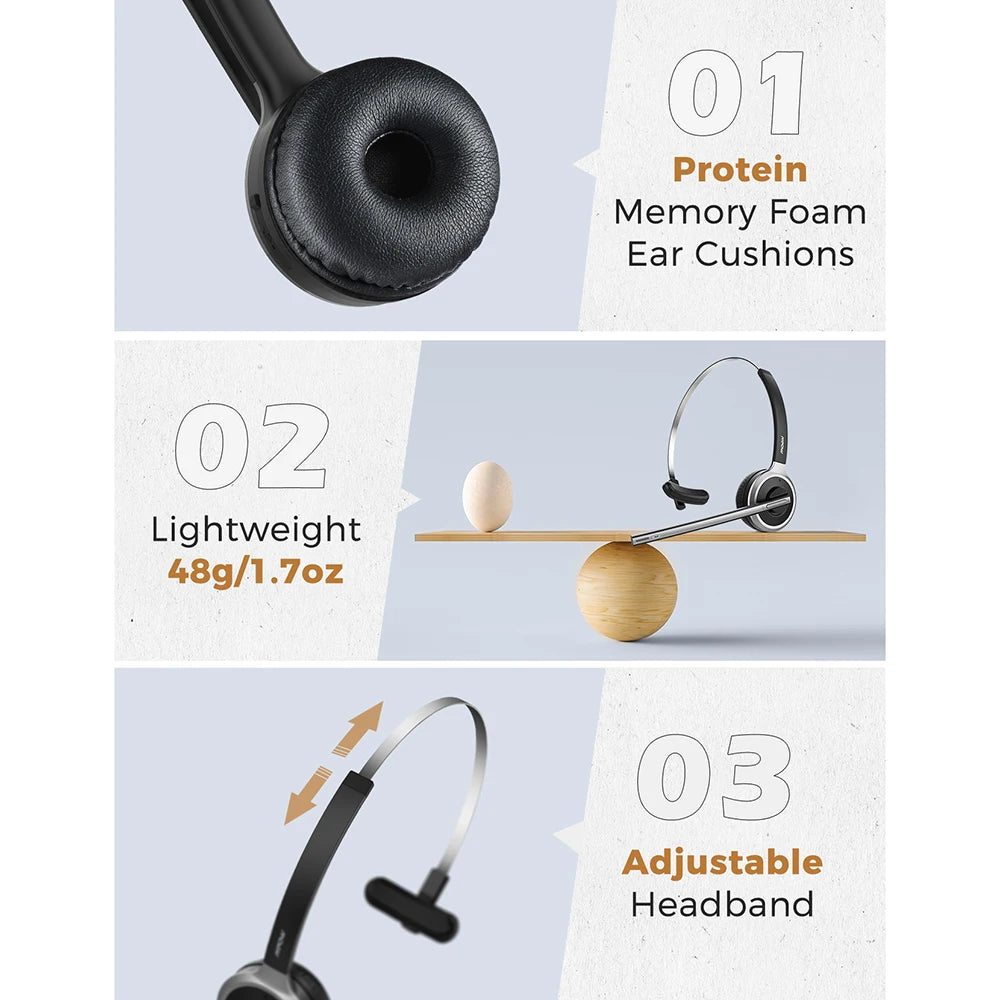 Black wireless headset with memory foam cushions, lightweight design, and an adjustable headband.