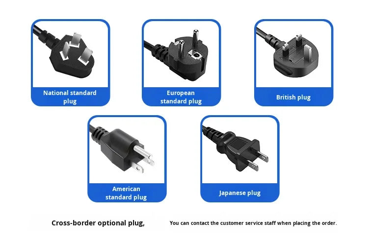 Five black power plugs: National, European, British, American, and Japanese standards in individual labeled boxes.