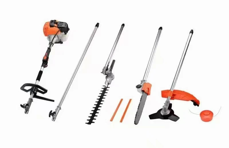 5-in-1 orange and silver petrol garden multi-tool set including a motor unit, hedge trimmer, chainsaw and brush cutter.