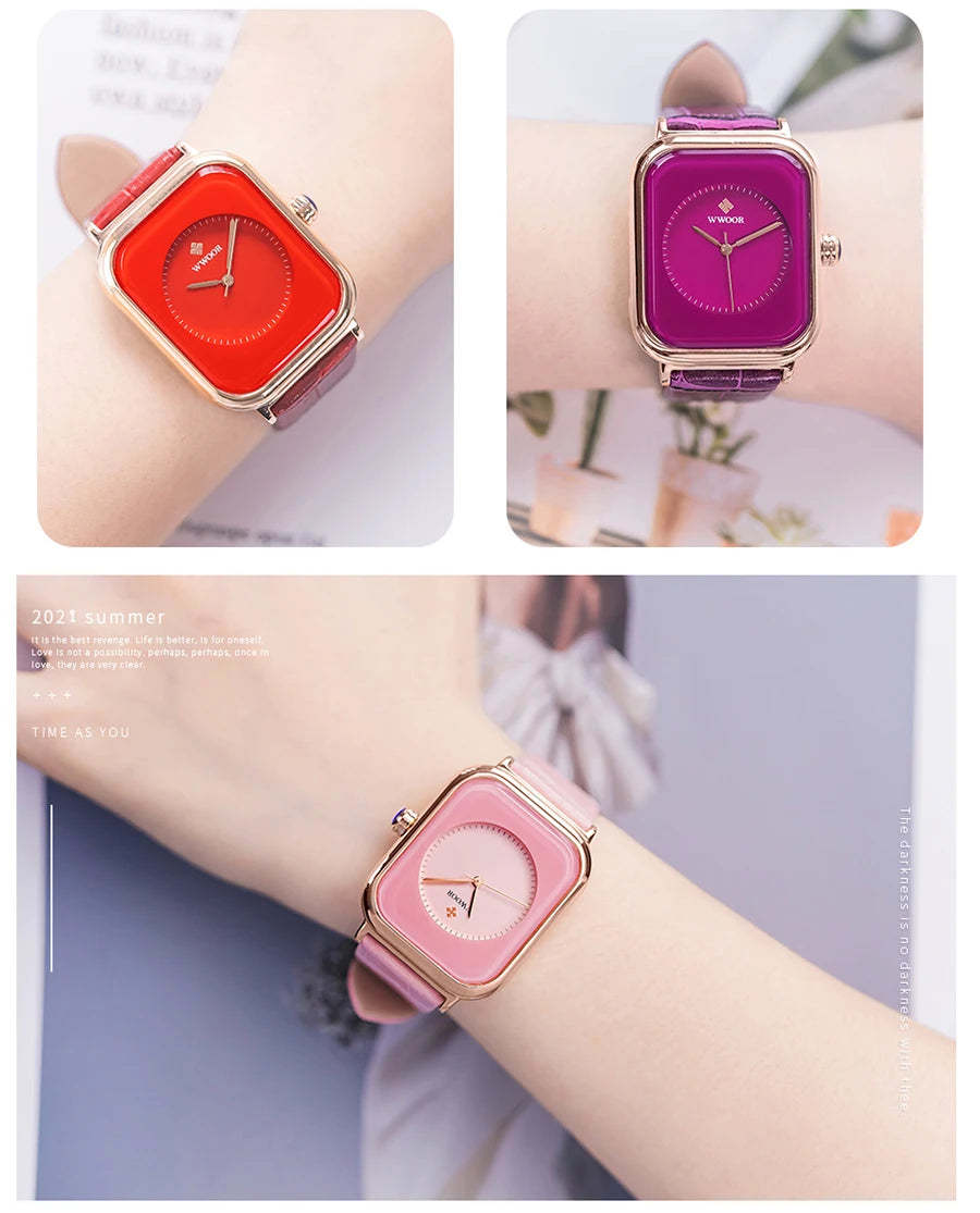 Ladies' square fashion watches with gold-tone cases and matching coloured leather straps in red, purple, and pale pink.