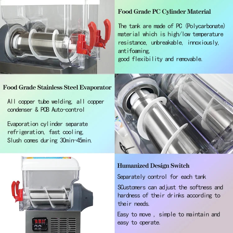 Commercial two-bowl frozen drink machine with stainless steel base, clear polycarbonate tanks, and red dispensing levers.