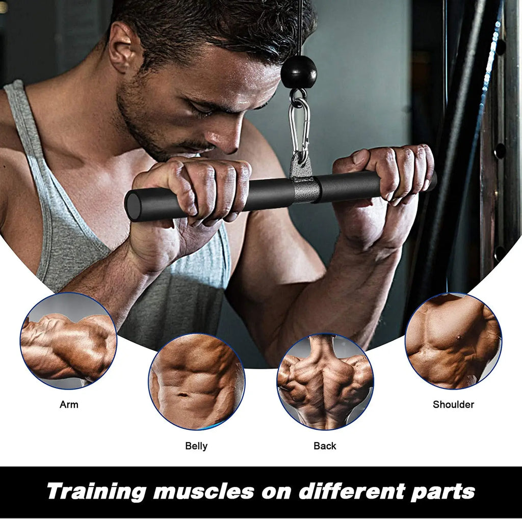 A man uses a cable machine with circular inserts showing arm, belly, back, and shoulder muscles.