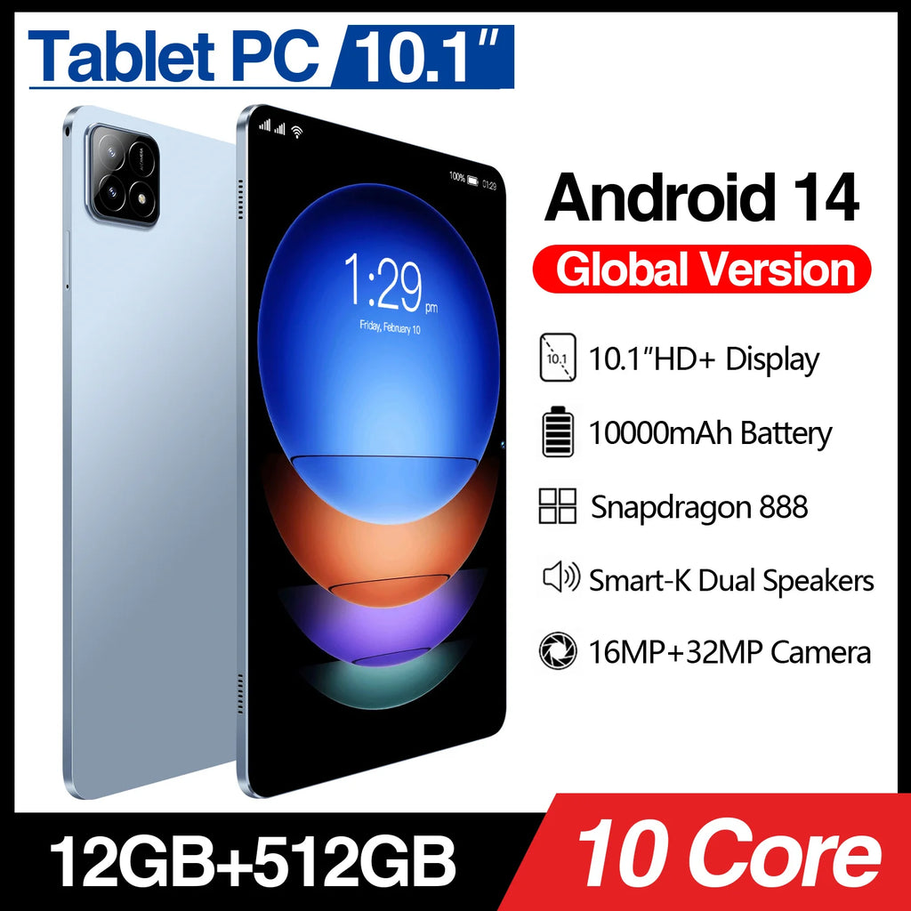 Slim light-blue 10.1-inch Android 14 tablet with a 10,000mAh battery, dual speakers, and high-resolution cameras.