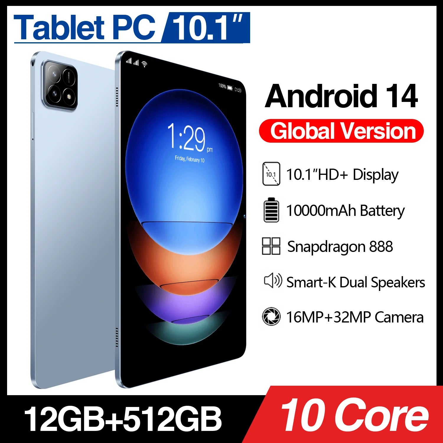 Slim light-blue 10.1-inch Android 14 tablet with a 10,000mAh battery, dual speakers, and high-resolution cameras.
