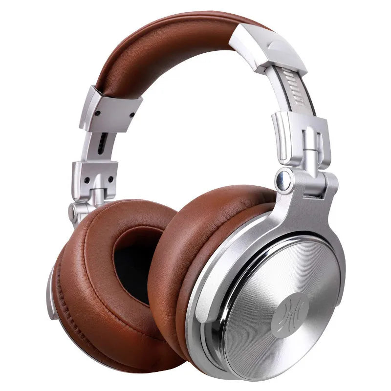Professional over-ear studio headphones in silver and brown with soft padded ear cups and an adjustable headband.