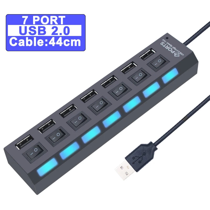 Black 7-port USB hub with individual power switches, blue LED indicators, and an integrated 44cm connection cable.