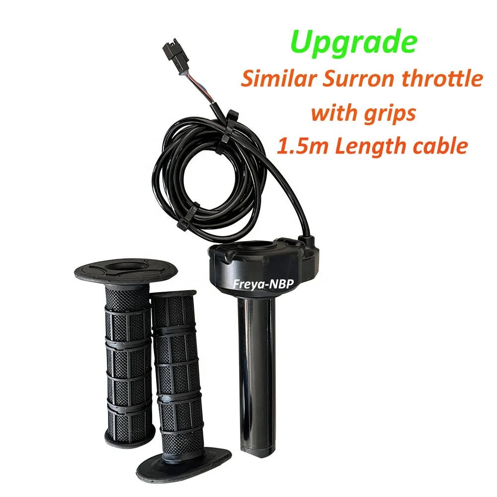 Black electric bike twist throttle kit with textured rubber handlebar grips and a 1.5m connecting cable.