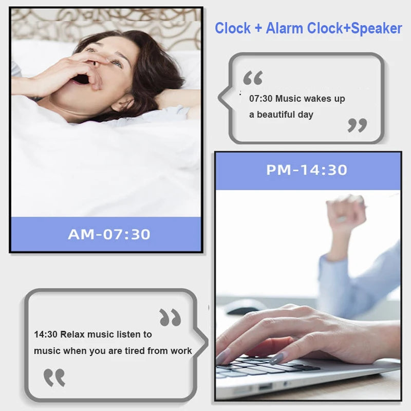 Mini Bluetooth speaker and LED alarm clock, shown in bedroom and office settings to demonstrate music and alarm features.