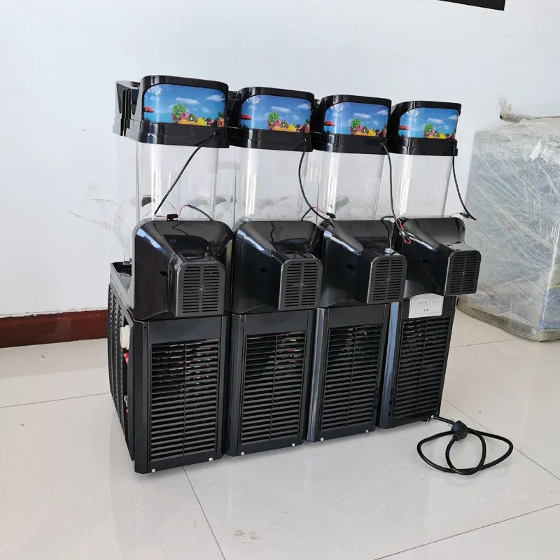 Commercial 60L slush machine with four clear 15L tanks and a sleek black base with ventilated cooling units.