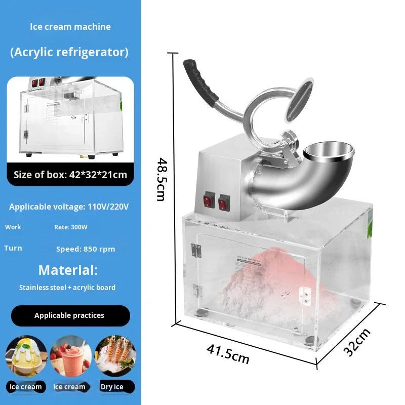 Ice cream machine with stainless steel top and transparent acrylic base. Dimensions included for this industrial tool.