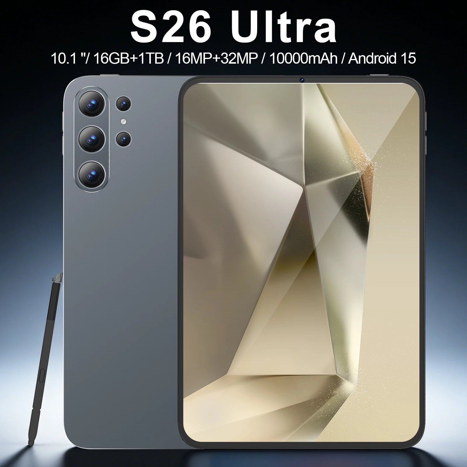A slim 10-inch grey Android 15 tablet with 16GB RAM, 1TB storage, triple-lens rear camera, and matching stylus pen.