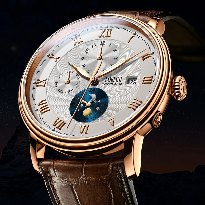 Lobinni rose gold automatic mechanical watch with white dial, Roman numerals, moon phase, and brown leather strap.