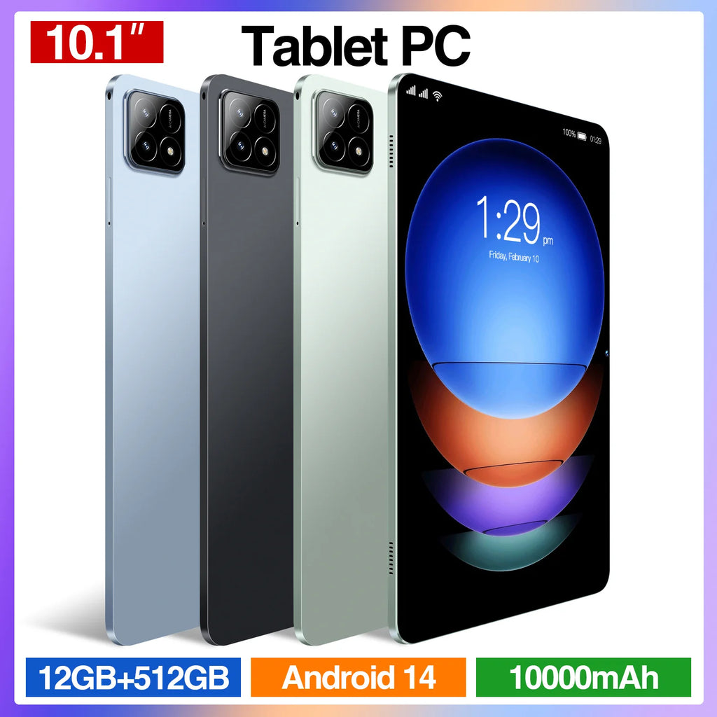 Three 10.1-inch tablets in blue, black, and green, showing a sleek design, triple-camera, and vibrant home screen.