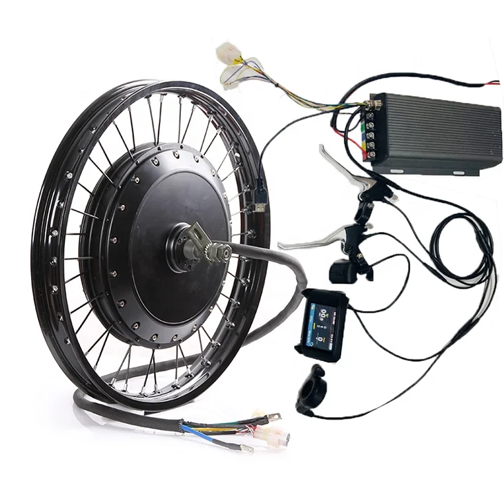 Electric bike conversion kit featuring a black motor wheel, controller, digital display, brake levers and throttle.