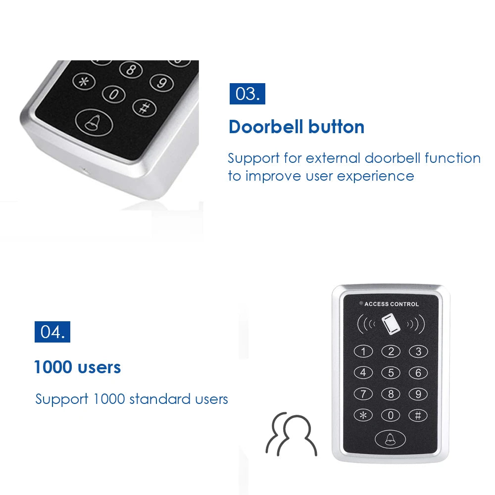 Silver metal access control keypad with a black face, numbered buttons, RFID sensor, and doorbell icon.