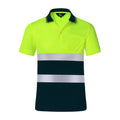 Neon yellow and dark green short-sleeve safety polo shirt with reflective stripes and a chest pocket.