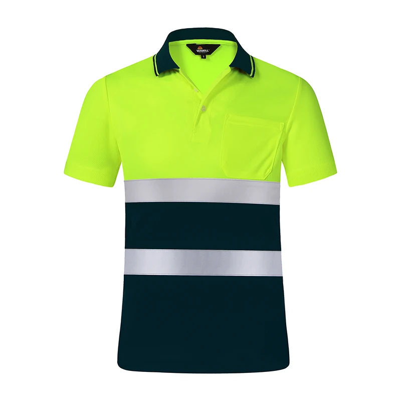 Neon yellow and dark green short-sleeve safety polo shirt with reflective stripes and a chest pocket.