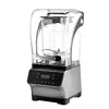 A silver professional blender with a clear pitcher, sound-dampening cover, and digital touch control panel.