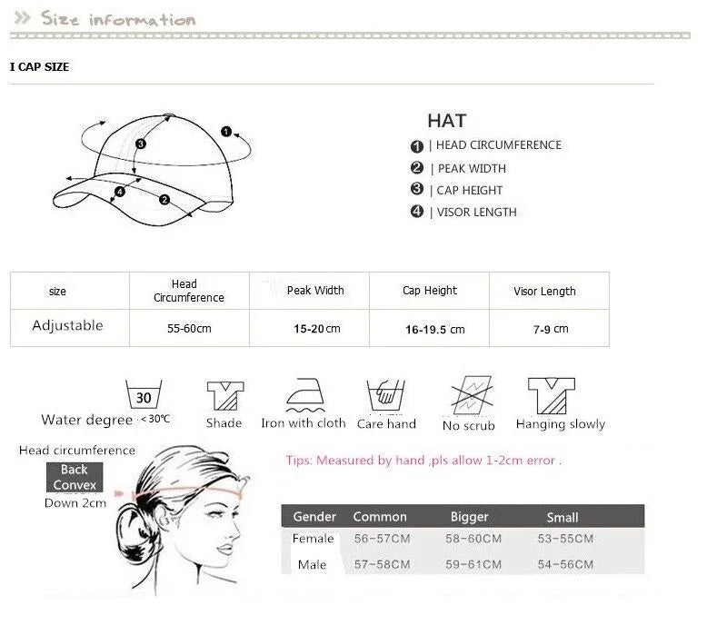 Size guide for a baseball cap, showing measurements, fit instructions and washing care symbols.
