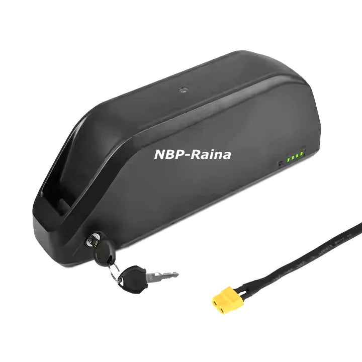 Black electric bike battery pack with a key lock, charging indicator lights, and a yellow connector cable.