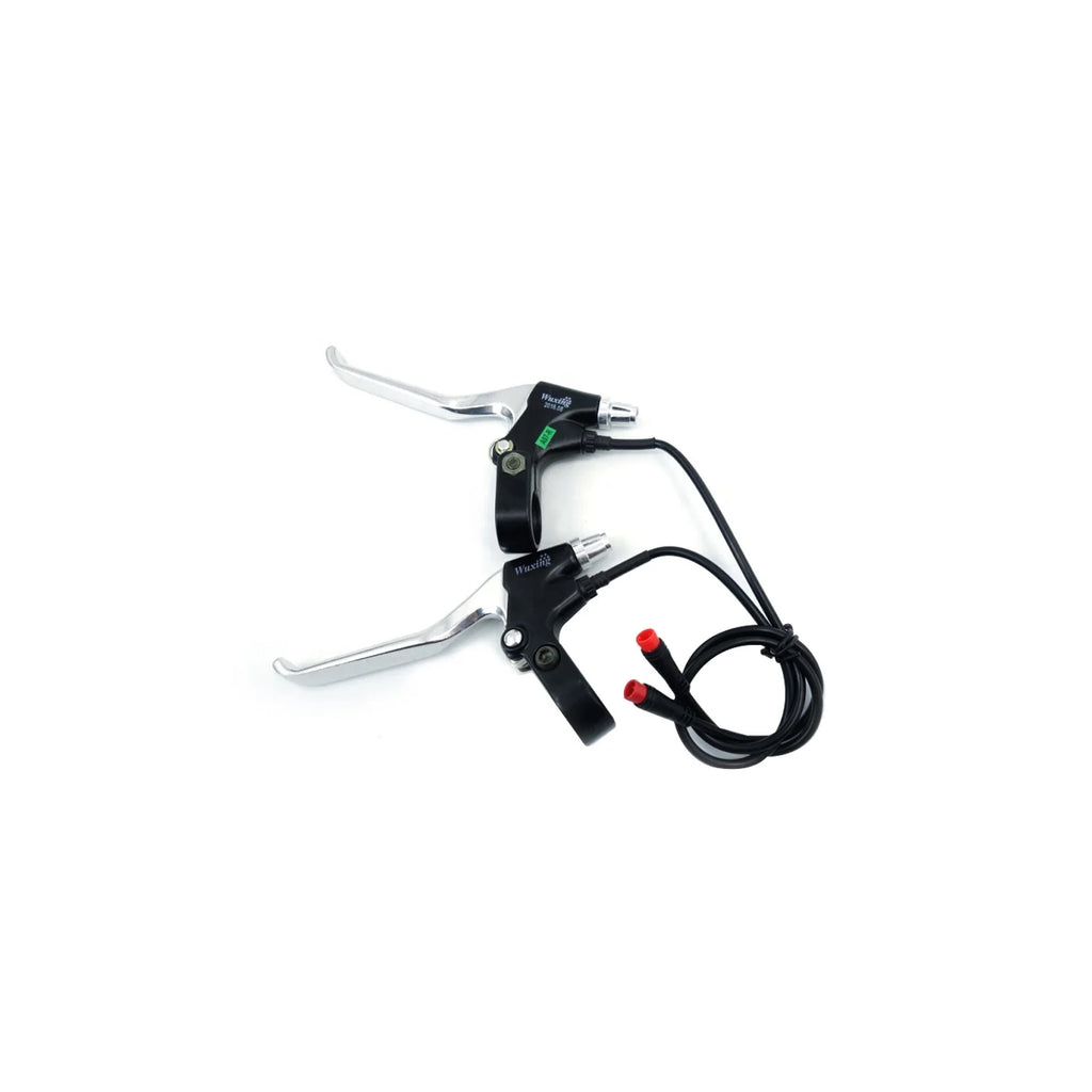 Pair of black and silver electric bicycle brake levers with integrated sensor cables and red connectors.