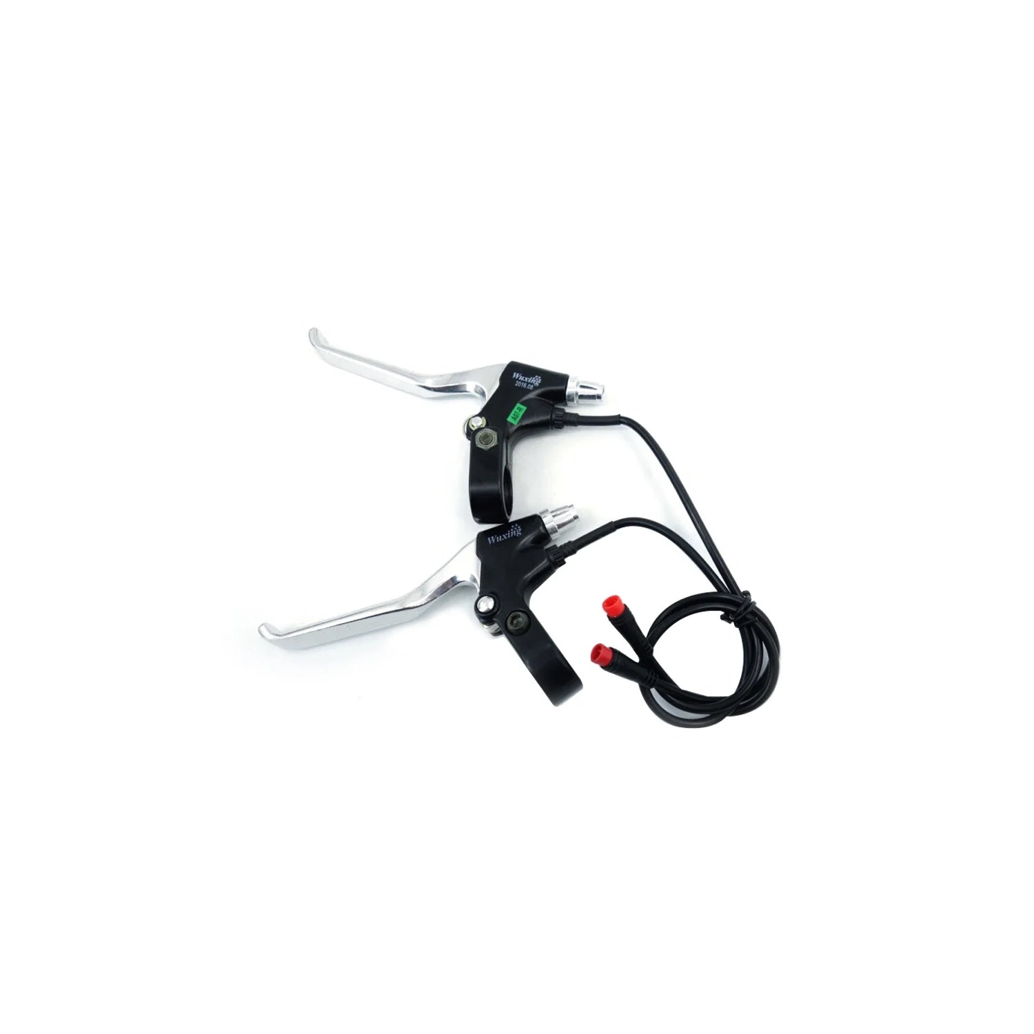 Pair of black and silver electric bicycle brake levers with integrated sensor cables and red connectors.