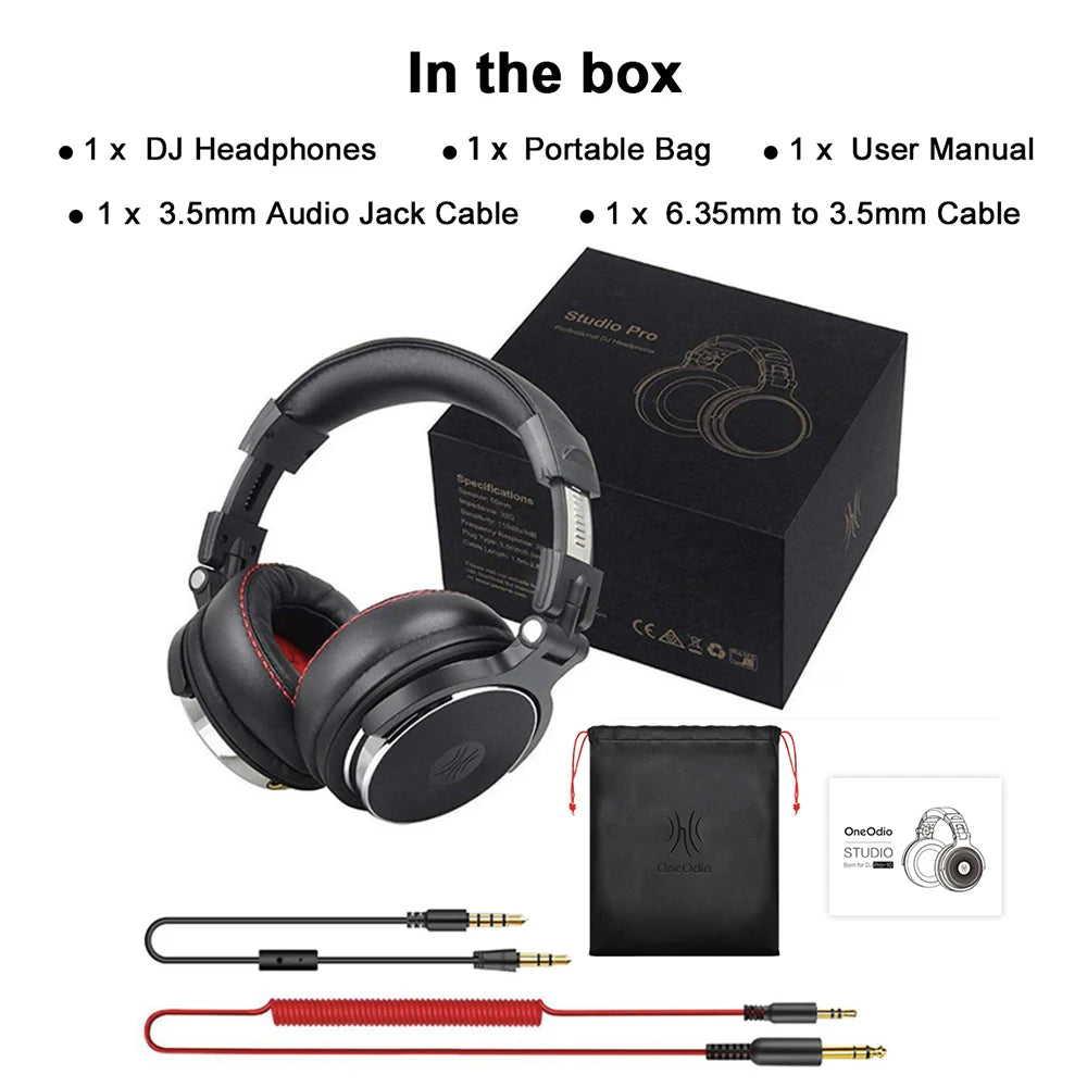 Black professional wired over-ear DJ headphones with red stitching, accessories, cables, and a storage bag.