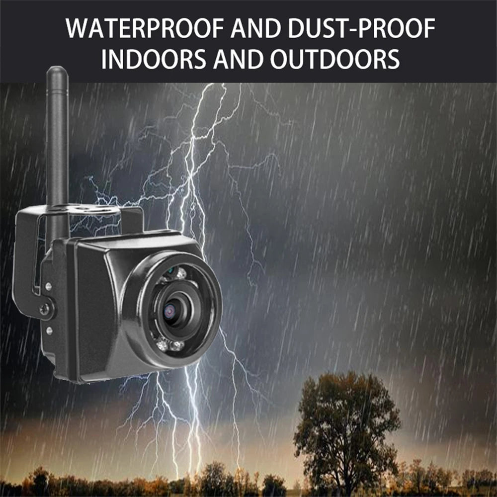 Black waterproof plastic security camera with an antenna, mounted against a stormy background.