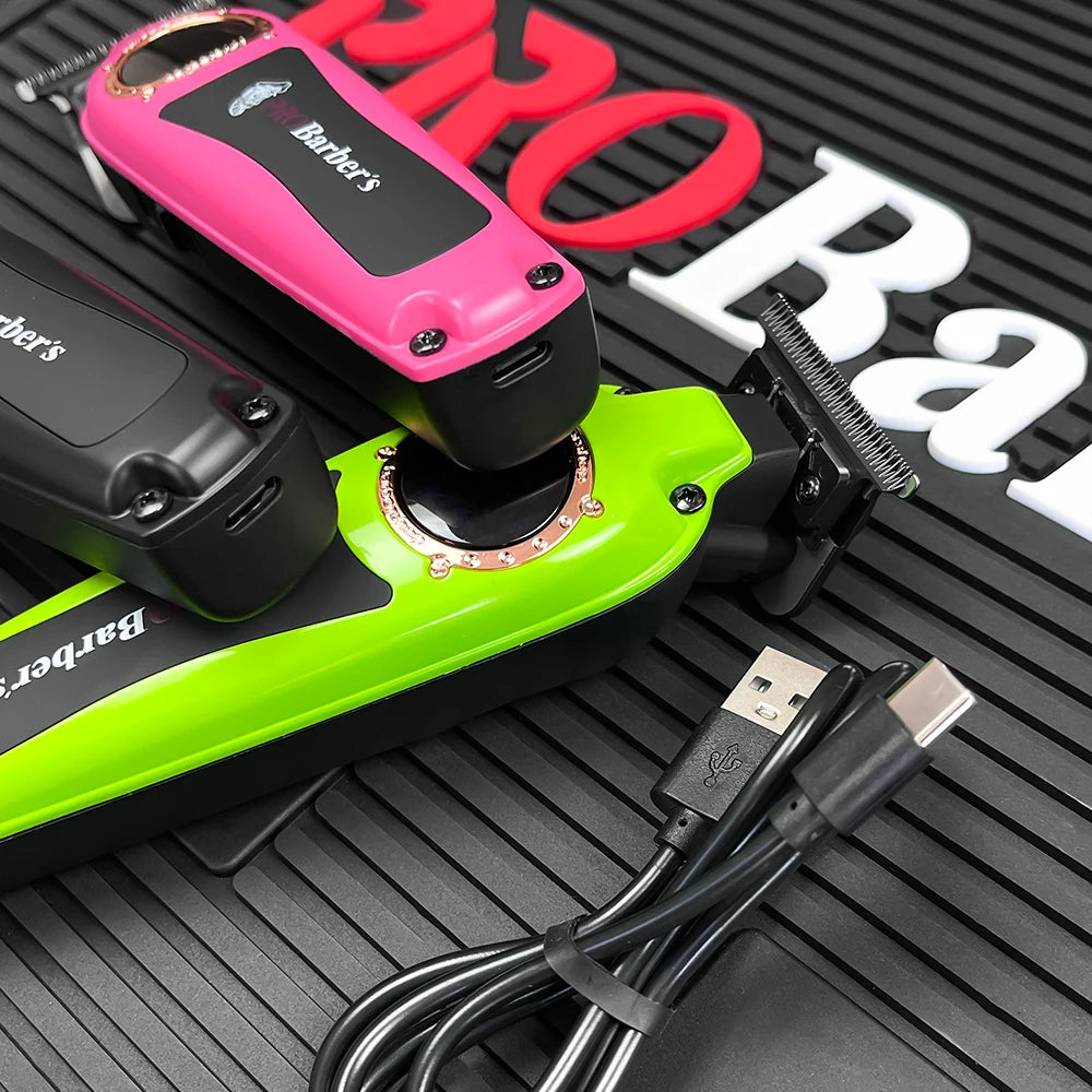 Professional pink, green, and black electric hair trimmers with LED displays and USB-C charging cables.