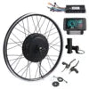 Electric bike conversion kit featuring a black hub motor wheel, digital display, throttle, brake levers and controller.