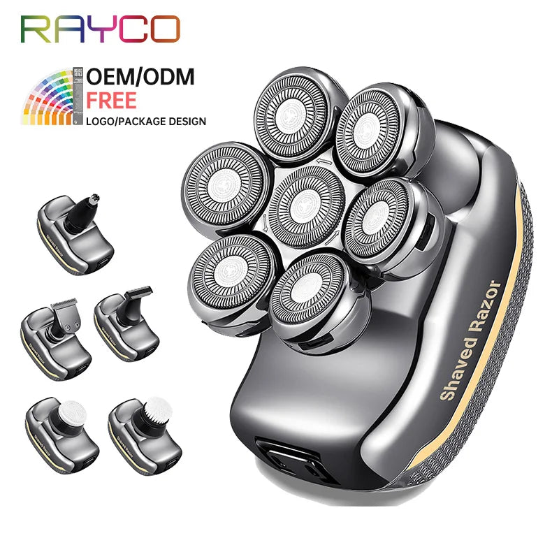 7D electric shaver in metallic grey with seven rotary heads, plus five interchangeable grooming attachments.